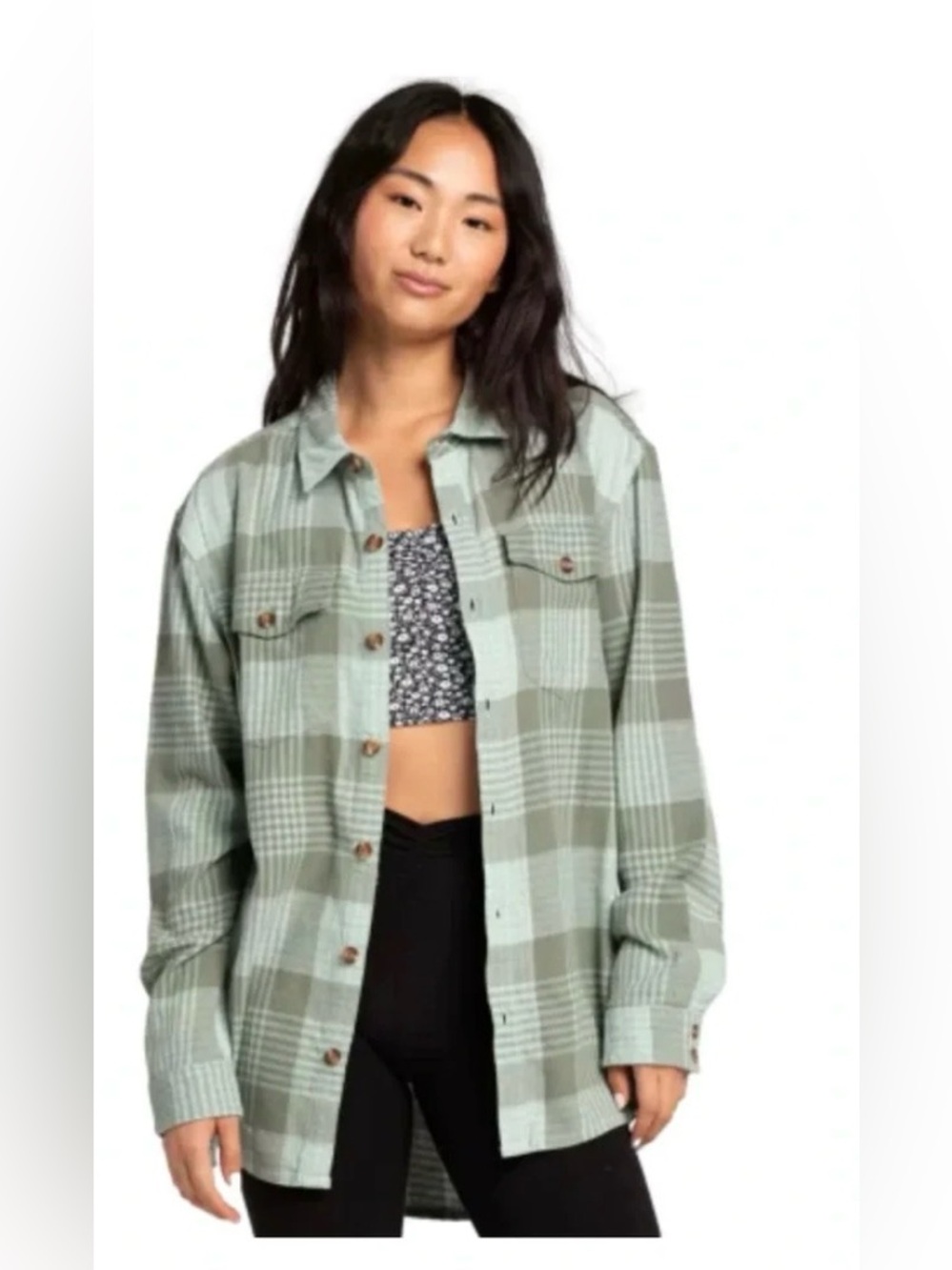Roxy Let It Go Green Plaid Flannel Shirt XS NWT